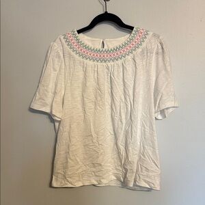 Boden White Puff Sleeve Blouse with Pink and Green Embroidery Smock Neck